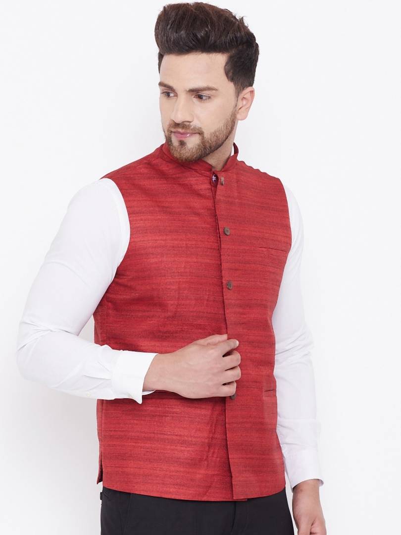 Men's Maroon 
Silk Blend
 Woven Design Nehru Jackets